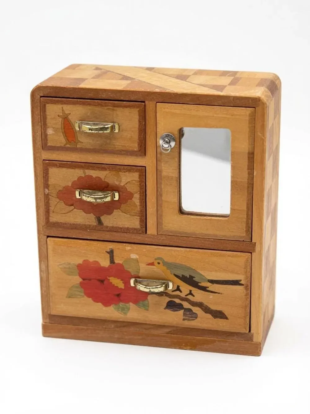 Vintage Japanese Tansu Jewelry Box | Hakone Yosegi Inlay, 3 Drawers, Mirror